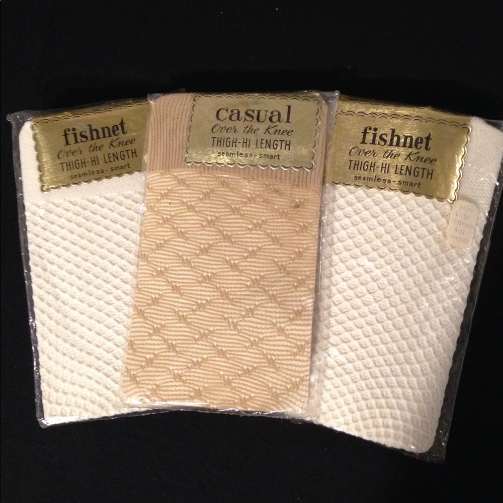 3 Pr. Vintage 60s Thigh-Hi Fishnet/Textured Tights